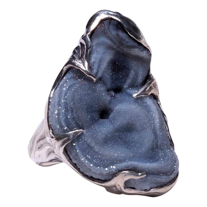 Big Agate Rose Silver Ring Raw Uncut Natural Brazilian Stone Unisex Cloud Grey For Sale
