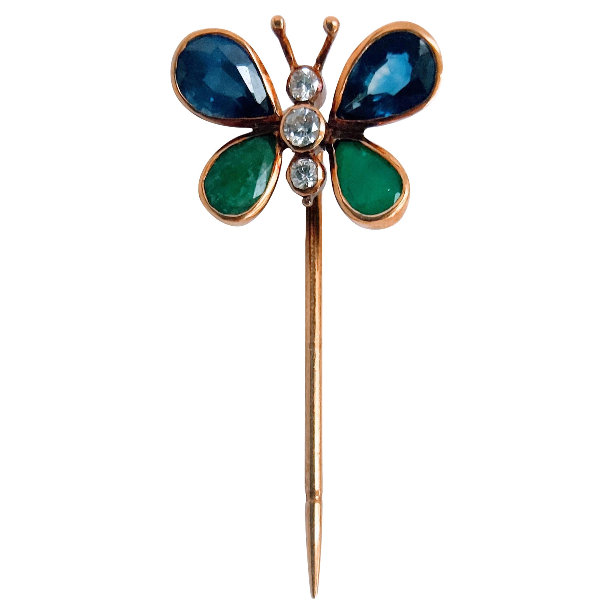 Sapphires and Emerald Pear Butterfly Stickpin Diamond Yellow Gold 18 Karat 1