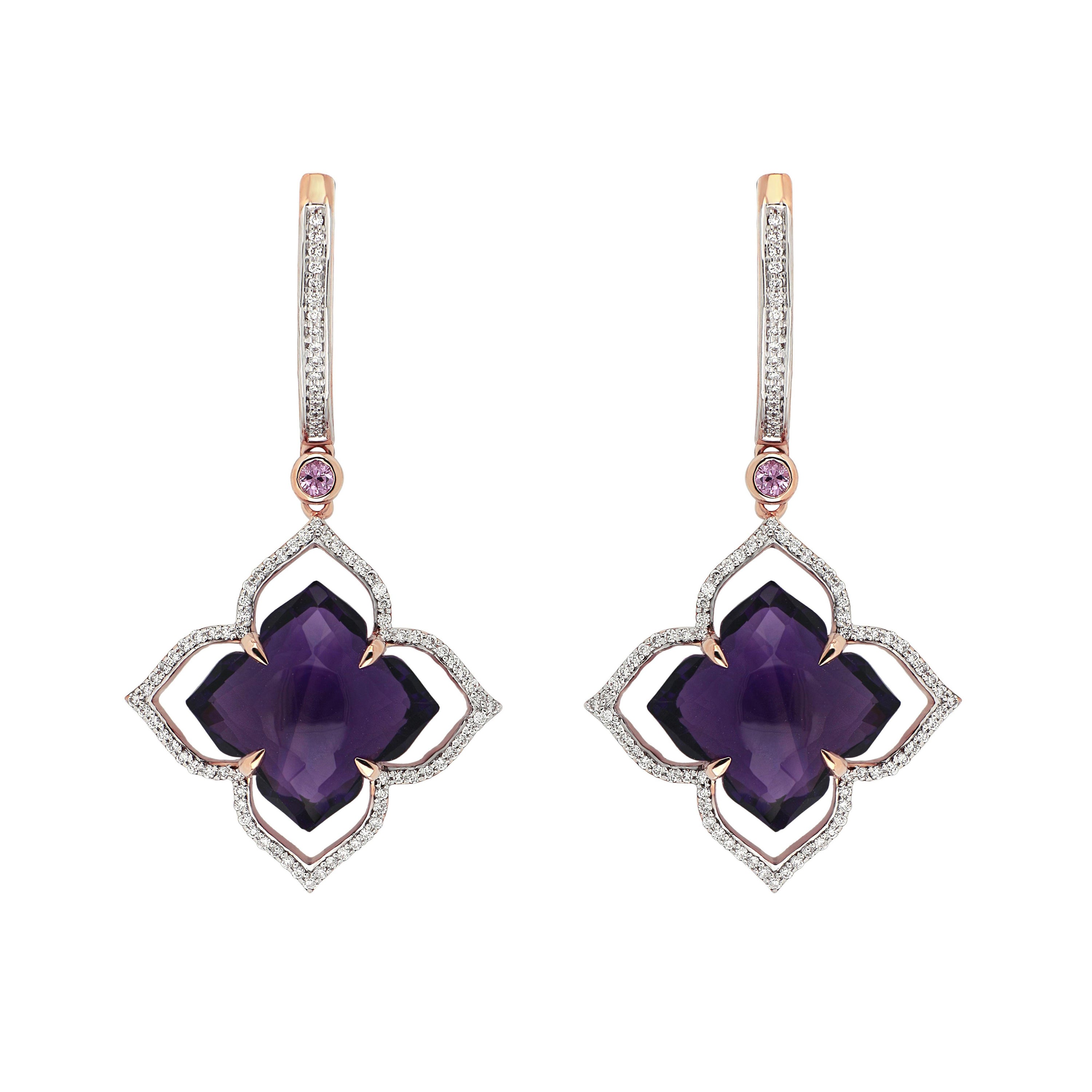 Pink Sapphire Amethyst Diamond Rose Gold Drop Earrings For Sale at 1stDibs
