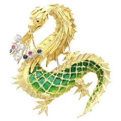 Vintage Diamond Ruby Sapphire and Enamel 18K Yellow Gold Dragon Brooch