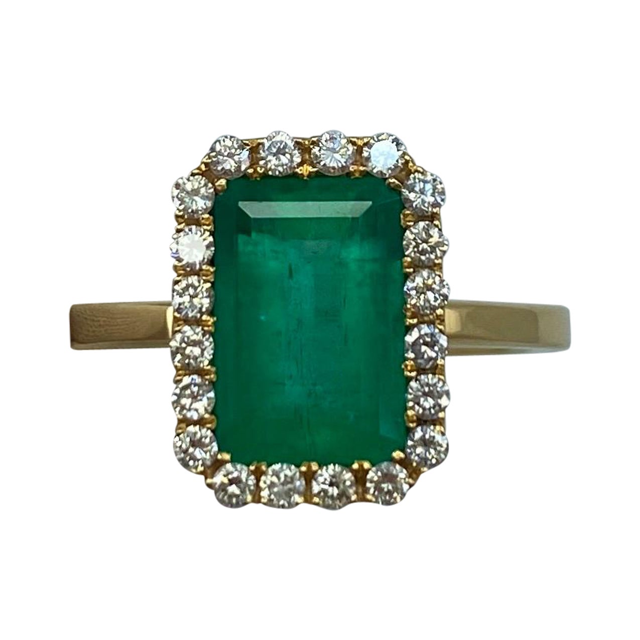 GIA Certified Fine Green 3.06ct Colombian Emerald & Diamond 18k Gold Halo Ring