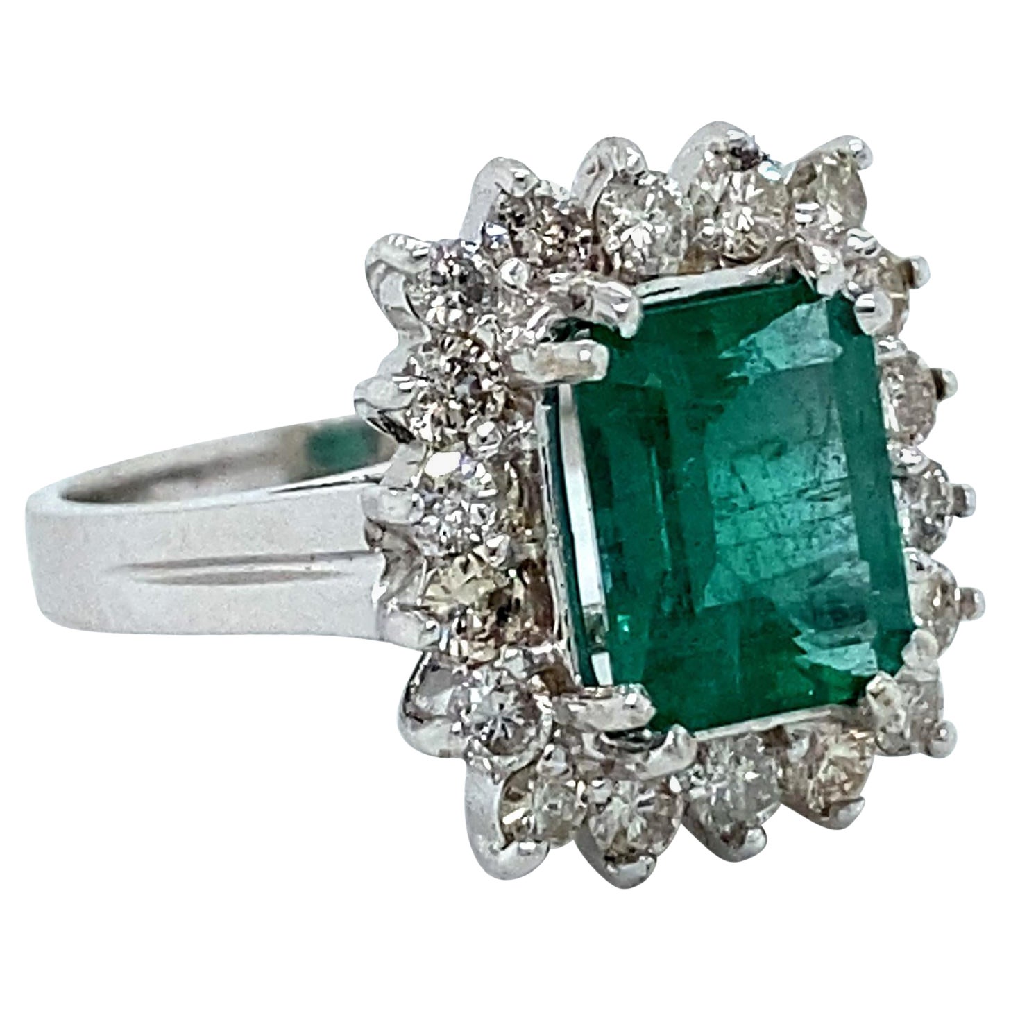 Beautiful Vintage 14k White Gold Emerald and Diamond Halo Ring with AGL Cert