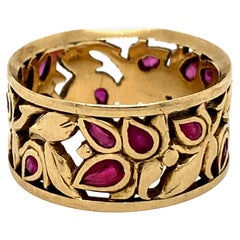 Amazing Antique Floral Ruby 14K Yellow Gold Wide Band Wedding Ring 1.40ct