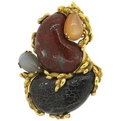 Gilbert Albert Multi Color Gemstone Gold Brooch Pendant