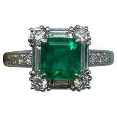 GIA Certified Fine Green 2.23ct Colombian Emerald & Diamond Platinum Halo Ring