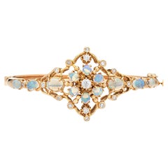 Opal Diamond Bangle Bracelet Cuff Vintage 14k Yellow Gold Estate Fine Jewelry