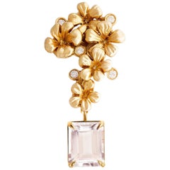 Contemporary Sculptural Brooch in 18 Kt Yellow Gold with Morganite and Diamonds