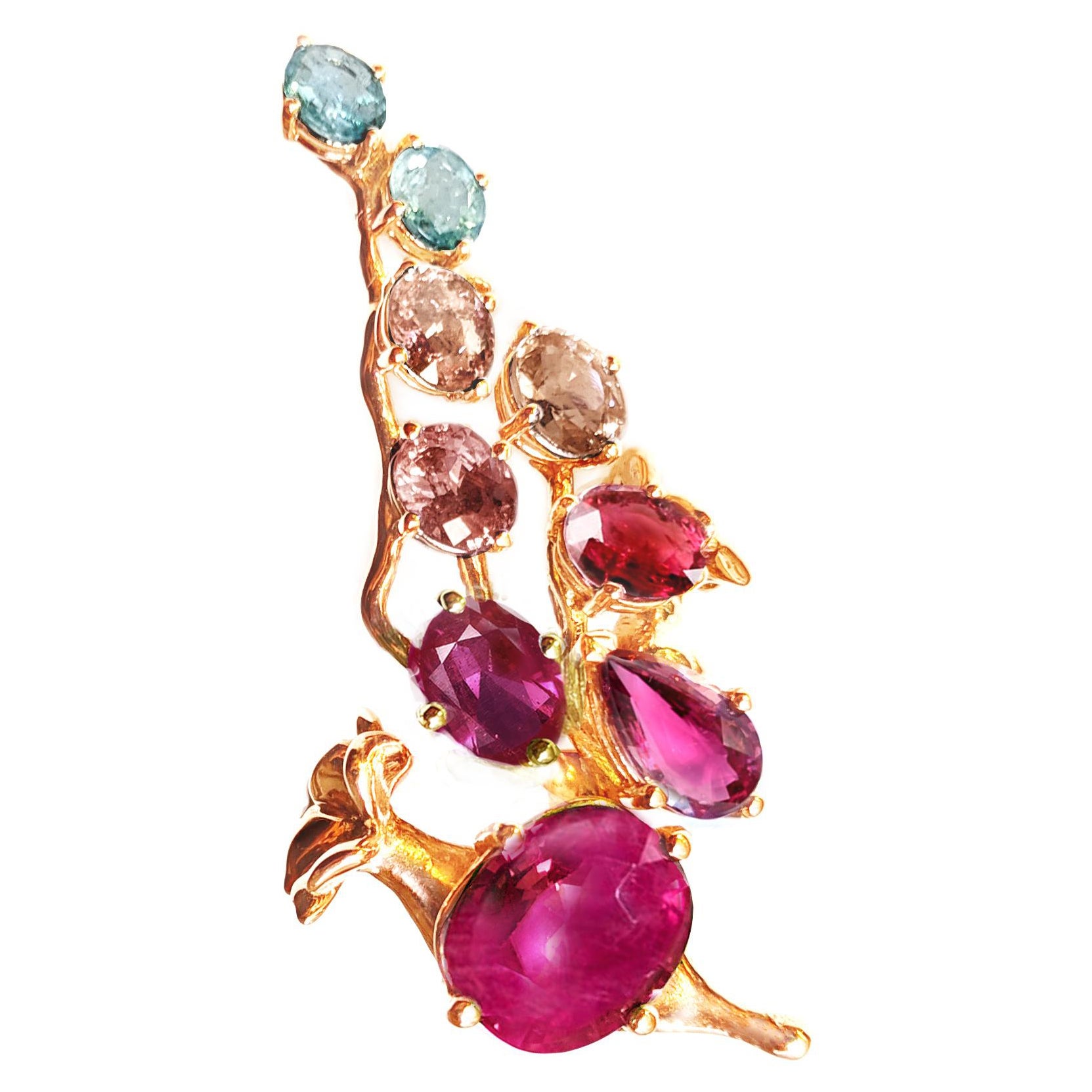 18 Karat Rose Gold Contemporary Rubies Brooch with Rubellite and Malaya Garnet For Sale