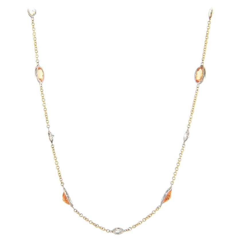 3.15ctw Spessartite Garnet and 0.76ctw Diamond Station Necklace in 14K For Sale