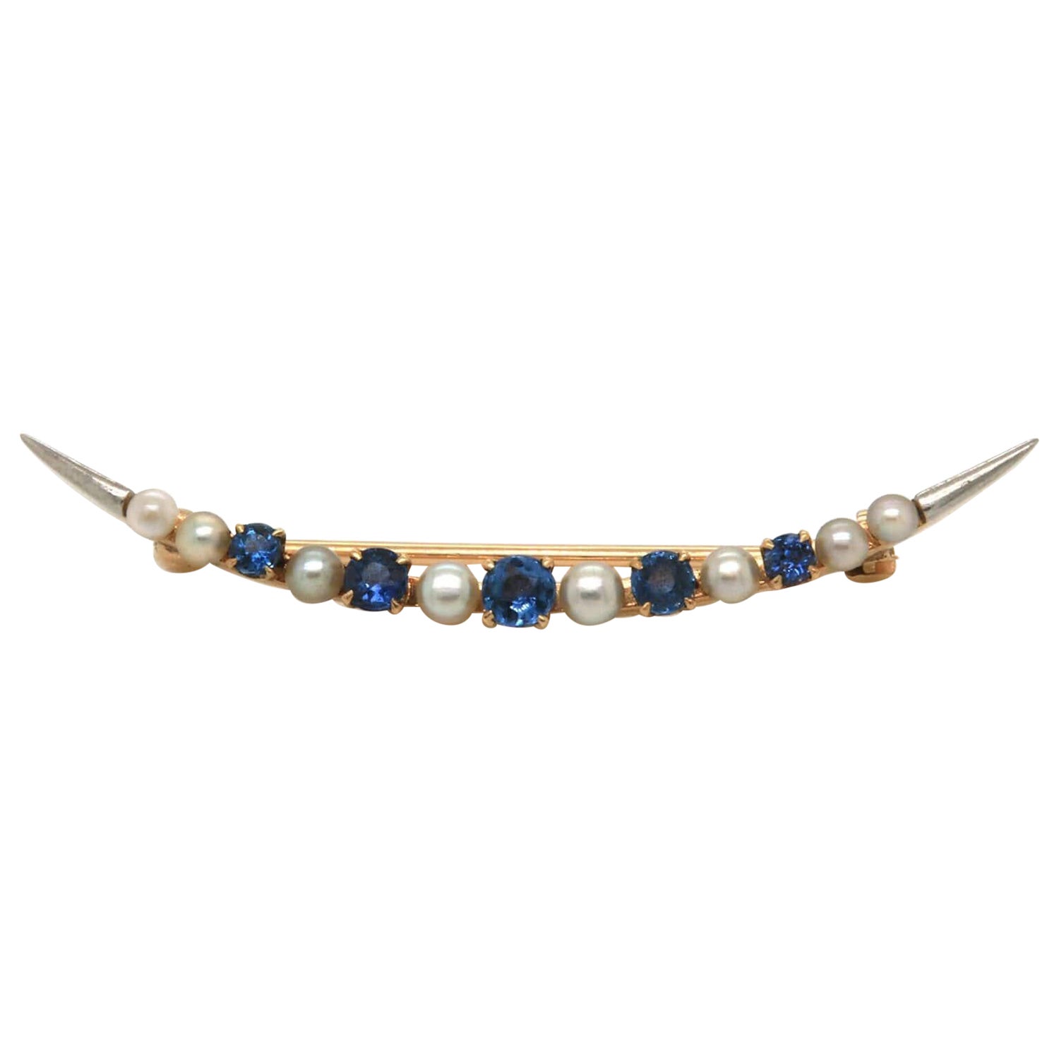 Vintage Sapphire and Pearl Crescent Moon Brooch in 14K Yellow Gold