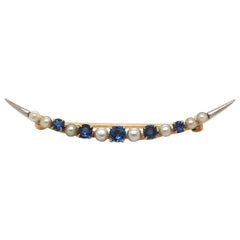 Vintage Sapphire and Pearl Crescent Moon Brooch in 14K Yellow Gold