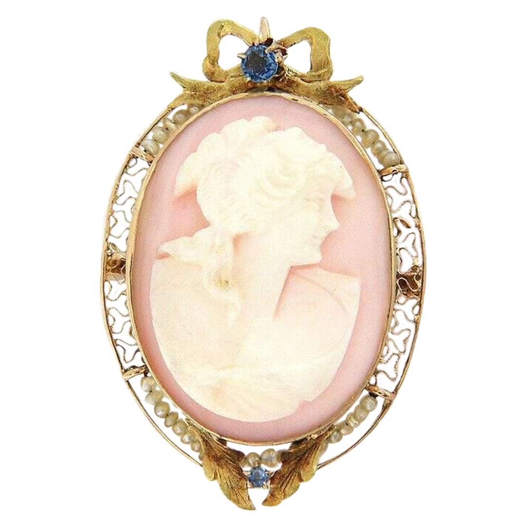 Antique Coral and Pearl Cameo Brooch Pendant in 14K Yellow Gold For Sale