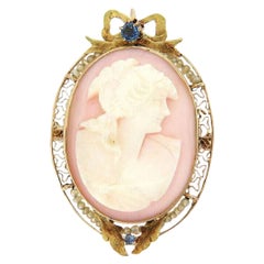 Antique Coral and Pearl Cameo Brooch Pendant in 14K Yellow Gold
