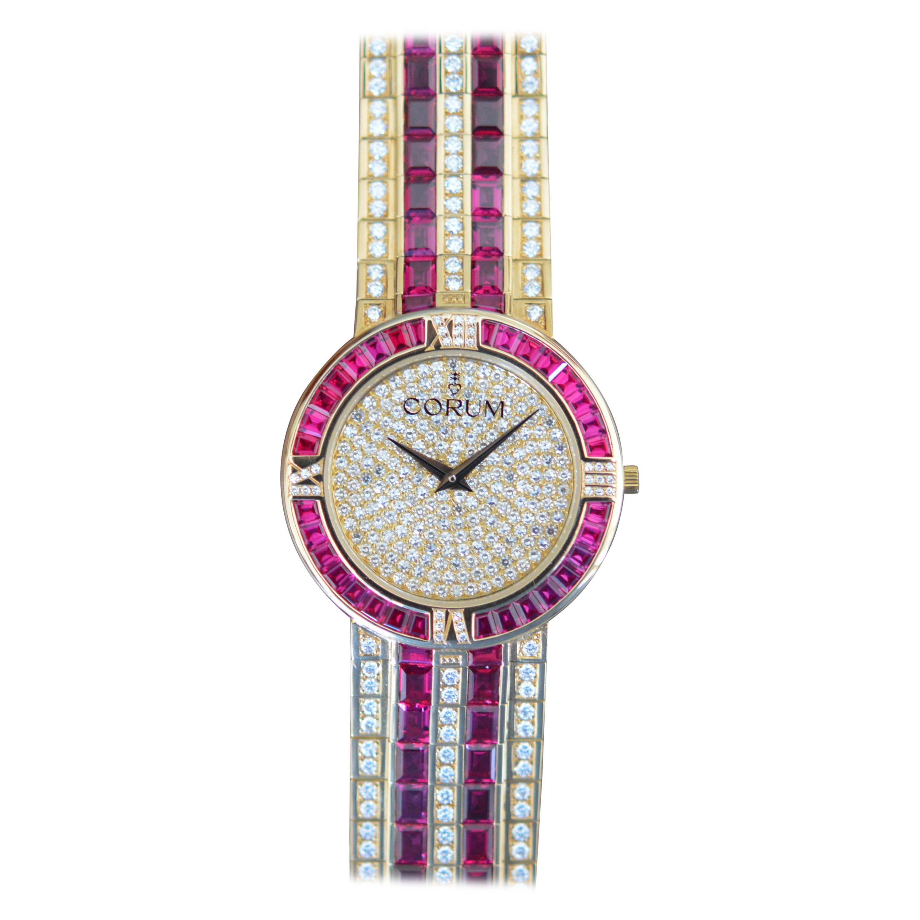 Corum "Les Palatines" Ruby and Diamonds Paved 18k Yellow Gold Unworn Full Set For Sale