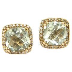 New 4.17 CTW Green Amethyst & Halo Diamond Earrings in 14K Yellow Gold