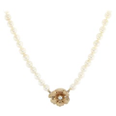 Cultured Akoya Pearl Strand Flower Clasp Necklace in 14K Yellow Gold