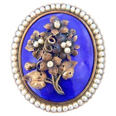 Vintage Blue Enamel and Seeded Pearl Brooch in 14K Yellow Gold