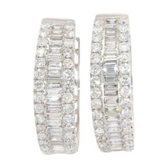 New 3.68ctw Baguette and Round Diamond Hoop Earrings in 14K White Gold