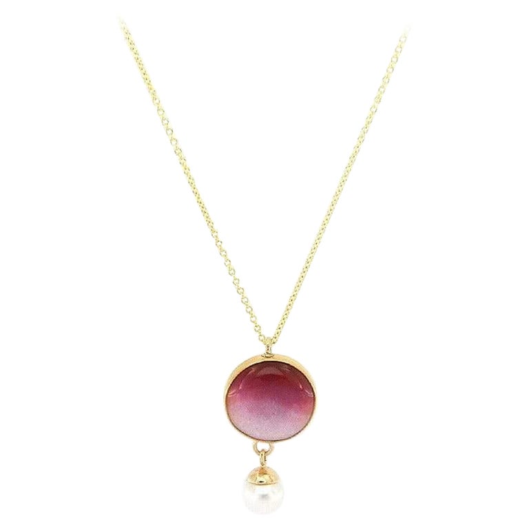 Pink Enamel and Pearl Pendant Necklace in 14K Yellow Gold For Sale at ...