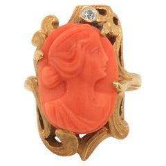 Art Nouveau Coral and Diamond Cameo Ring in 14K Yellow Gold