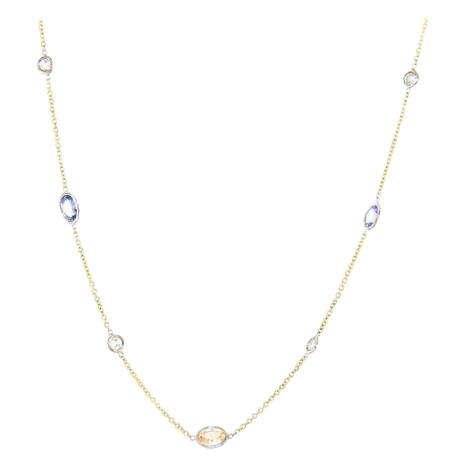 2.50ctw Fancy Sapphire and 0.64ctw Diamond Station Necklace in 14K Yellow Gold For Sale