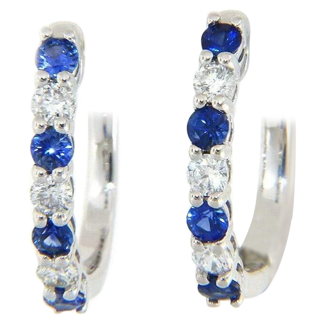 New 0.61ctw Sapphire and 0.35ctw Diamond Huggie Hoop Earrings in 14K White Gold For Sale