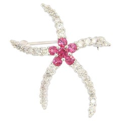 0.45ctw Diamond and Pink Sapphire Starfish Brooch in 14K White Gold