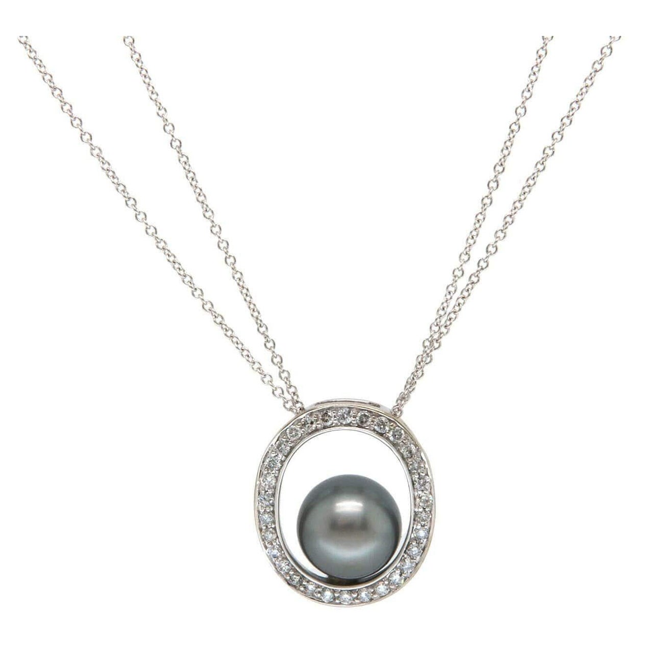 Black Pearl and Diamond Halo Pendant Necklace in 14K White Gold For Sale