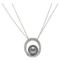 Black Pearl and Diamond Halo Pendant Necklace in 14K White Gold