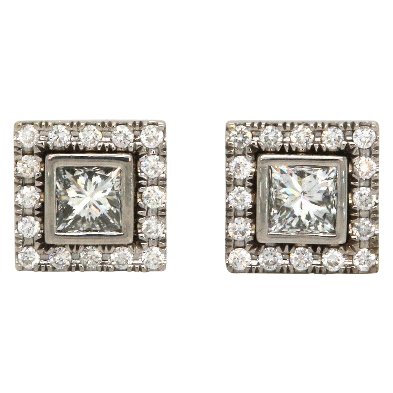 1.50ctw Princess Diamond Frame Stud Earrings in 14K White Gold For Sale