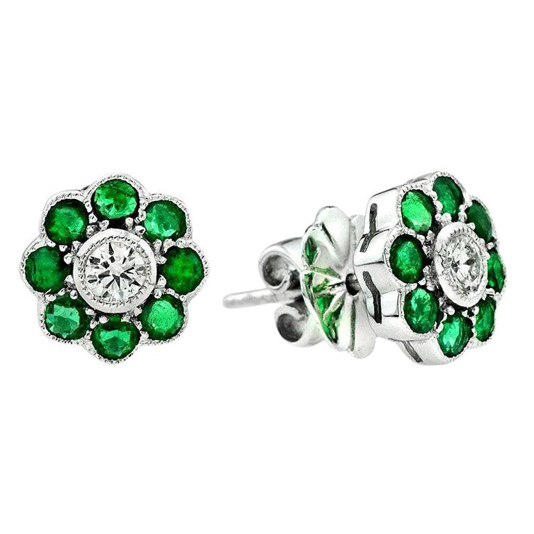 Diamond and Natural Emerald Cluster Stud Earrings in 18K White Gold For Sale