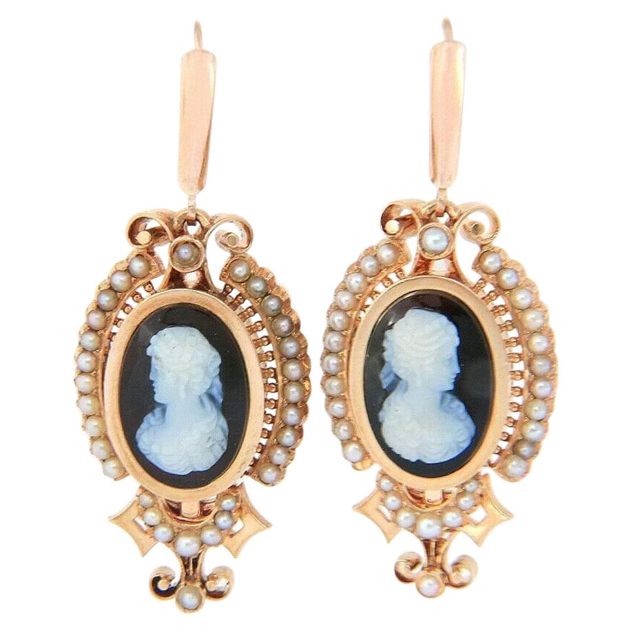 Antique Agate Cameo and Pearl Dangle Earrings in 14K Rose Gold For Sale