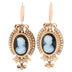 Antique Agate Cameo and Pearl Dangle Earrings in 14K Rose Gold