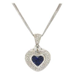 3.00ctw Princess Sapphires and 4.00ctw Pave Diamond Heart Pendant Necklace, 14K