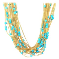 Calgaro Mesh Multistrand Turquoise Beads Necklace in 18K Yellow Gold