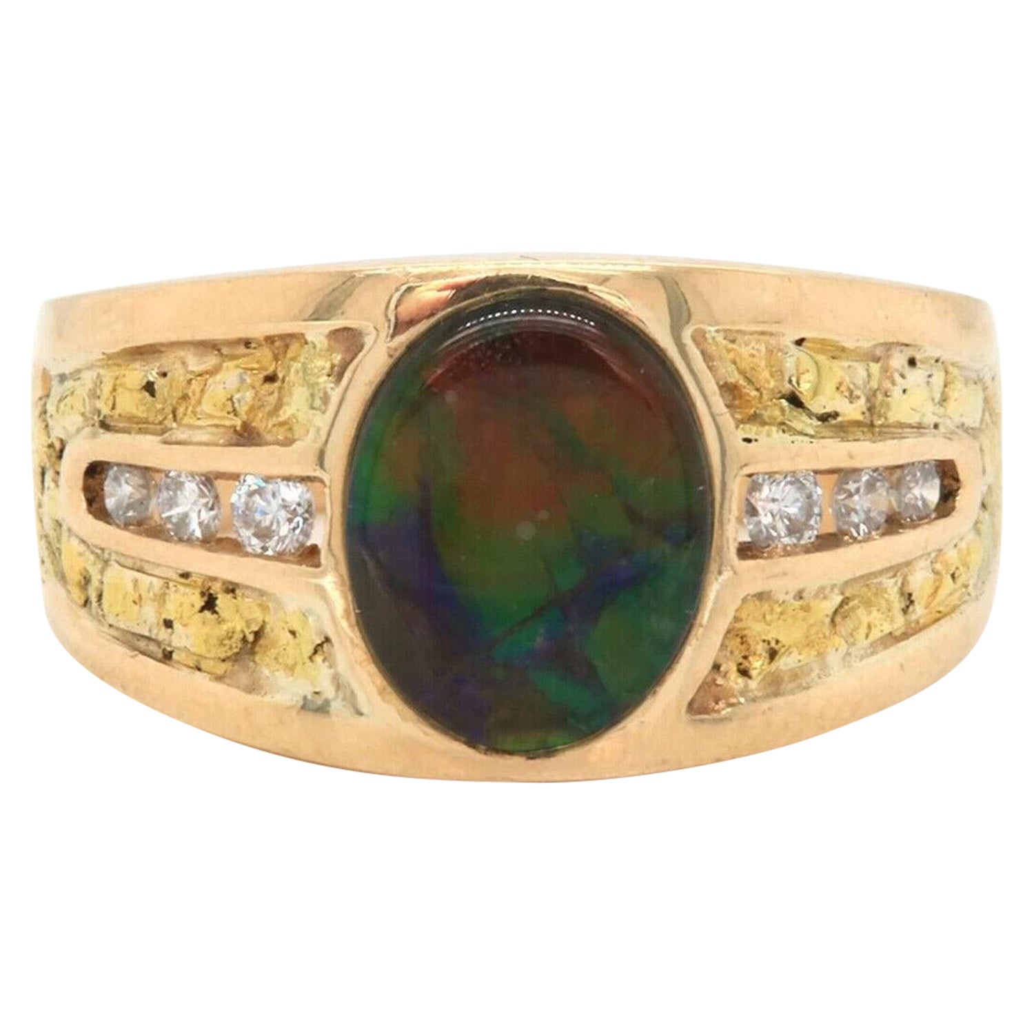 Oval Ammolite and Diamond Ring in 14K Yellow Gold For Sale