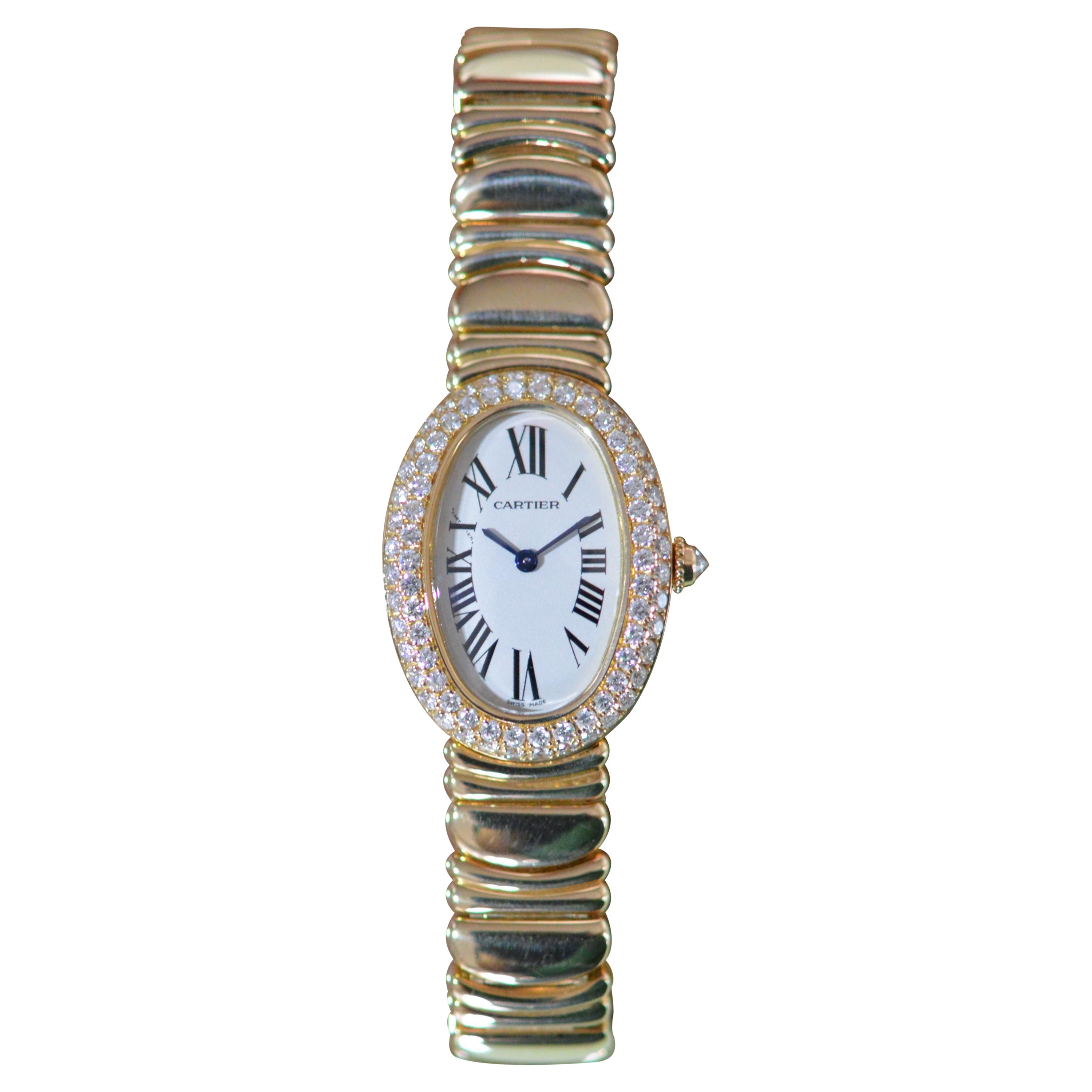 Cartier Baignoire 1920 18k Yellow Gold with Diamond Bezel Unworn Full Set For Sale