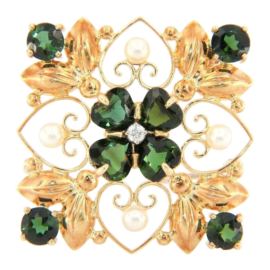 Pearl, Chrome Diopside and Diamond Brooch Pendant in 14K Yellow Gold For Sale
