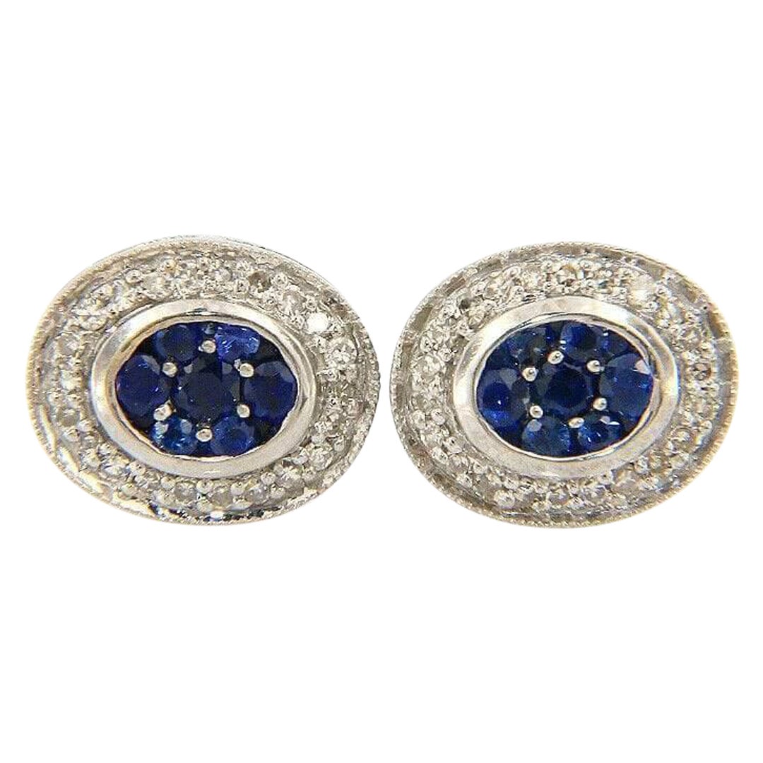 Sapphire and Diamond Halo Stud Earrings in 14K White Gold For Sale