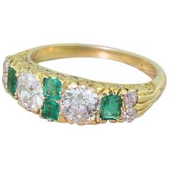 Edwardian 1.85 Carat Old Cut Diamond Emerald Gold Half Hoop Ring