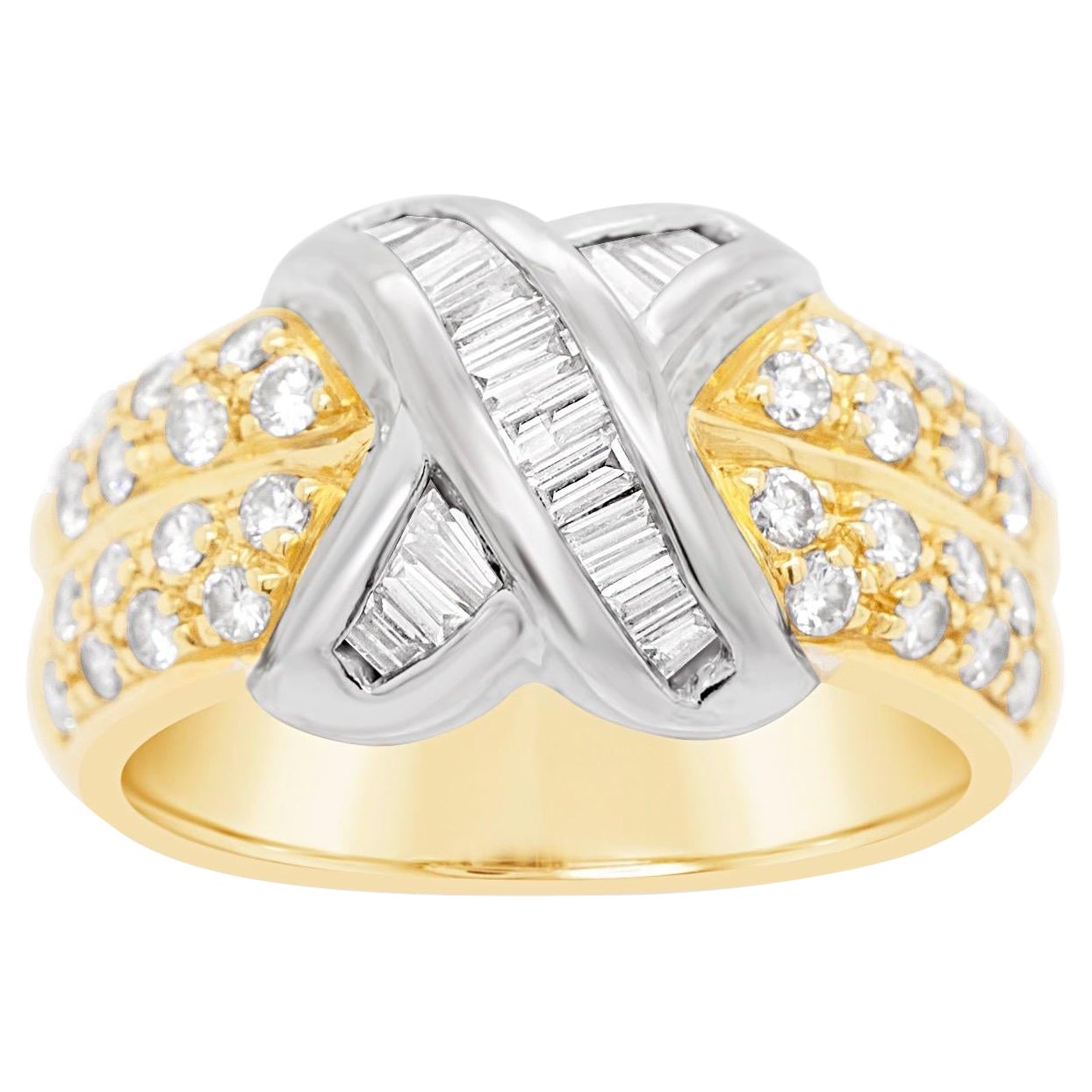 18 Karat Yellow Gold Baguette & Round 1 Carat Diamond Bow Ring For Sale