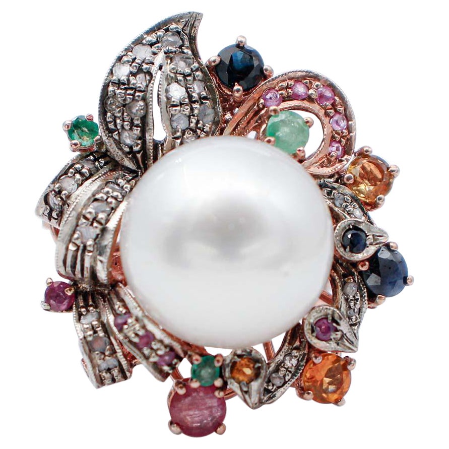  Sapphires, Emeralds, Rubies, Diamonds, Pearl, 9Kt Gold and Silver Ring For Sale