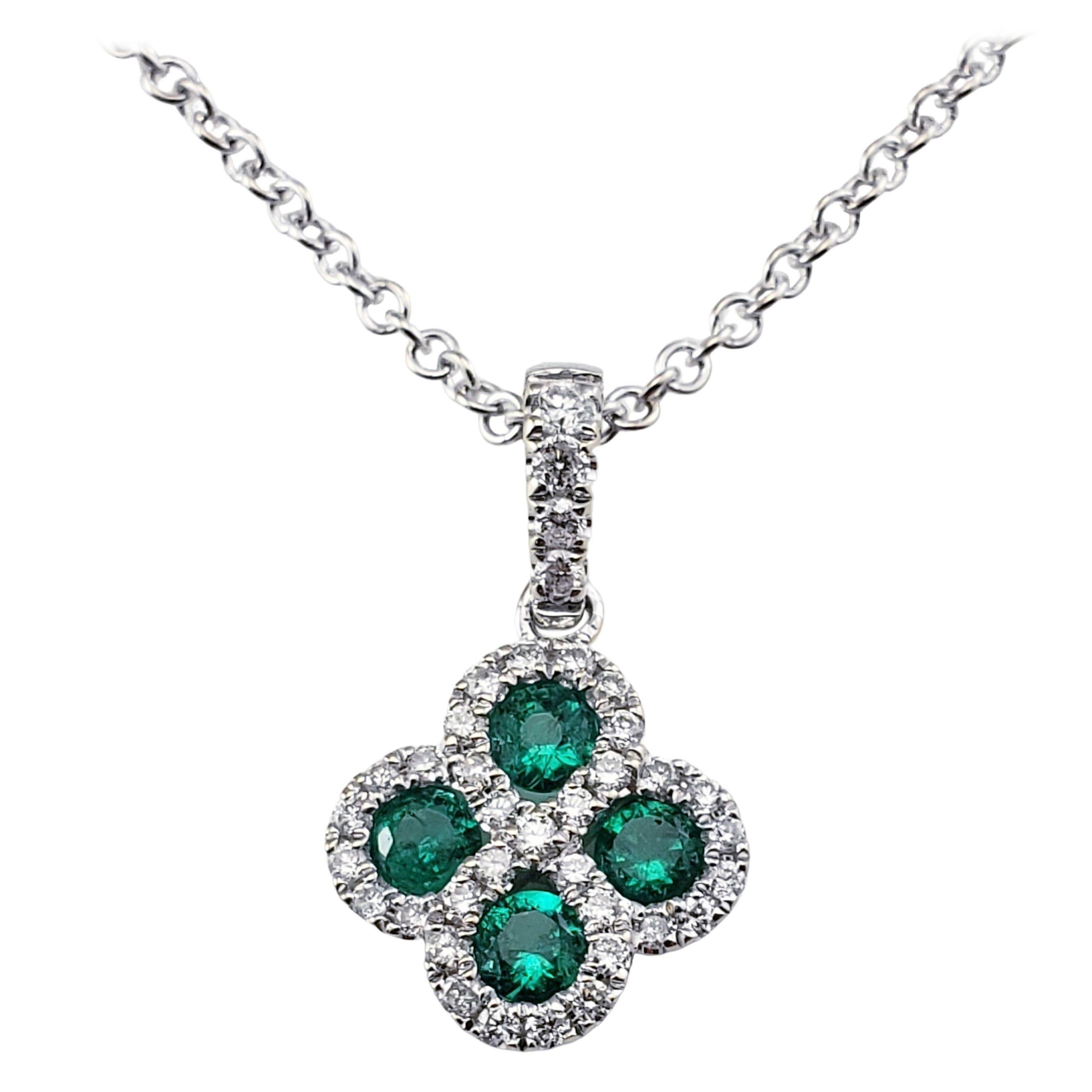 14 Karat White Gold Lab Created Emerald and Diamond Pendant Necklace