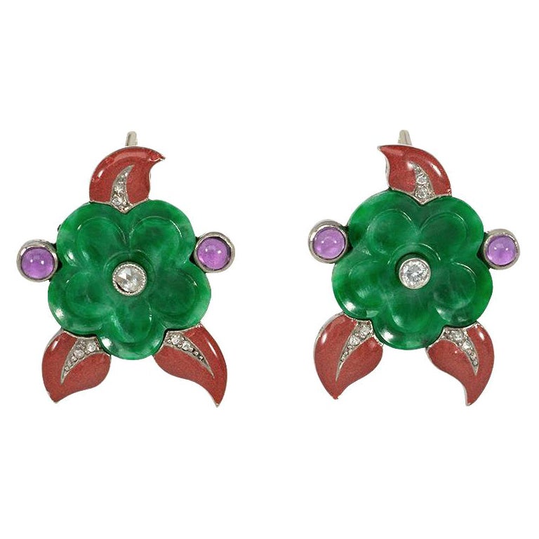 Cartier Art Deco Carved Jade and Enamel Flower Earrings with Gemstone Accents For Sale