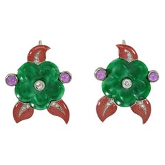 Antique Cartier Art Deco Carved Jade and Enamel Flower Earrings with Gemstone Accents