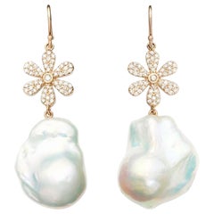 Susan Lister Locke Diamond Daisy Earrings with Freshwater Baroque Pearls