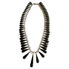 Antique Teardrop Black Onyx Sterling Silver Festoon Necklace