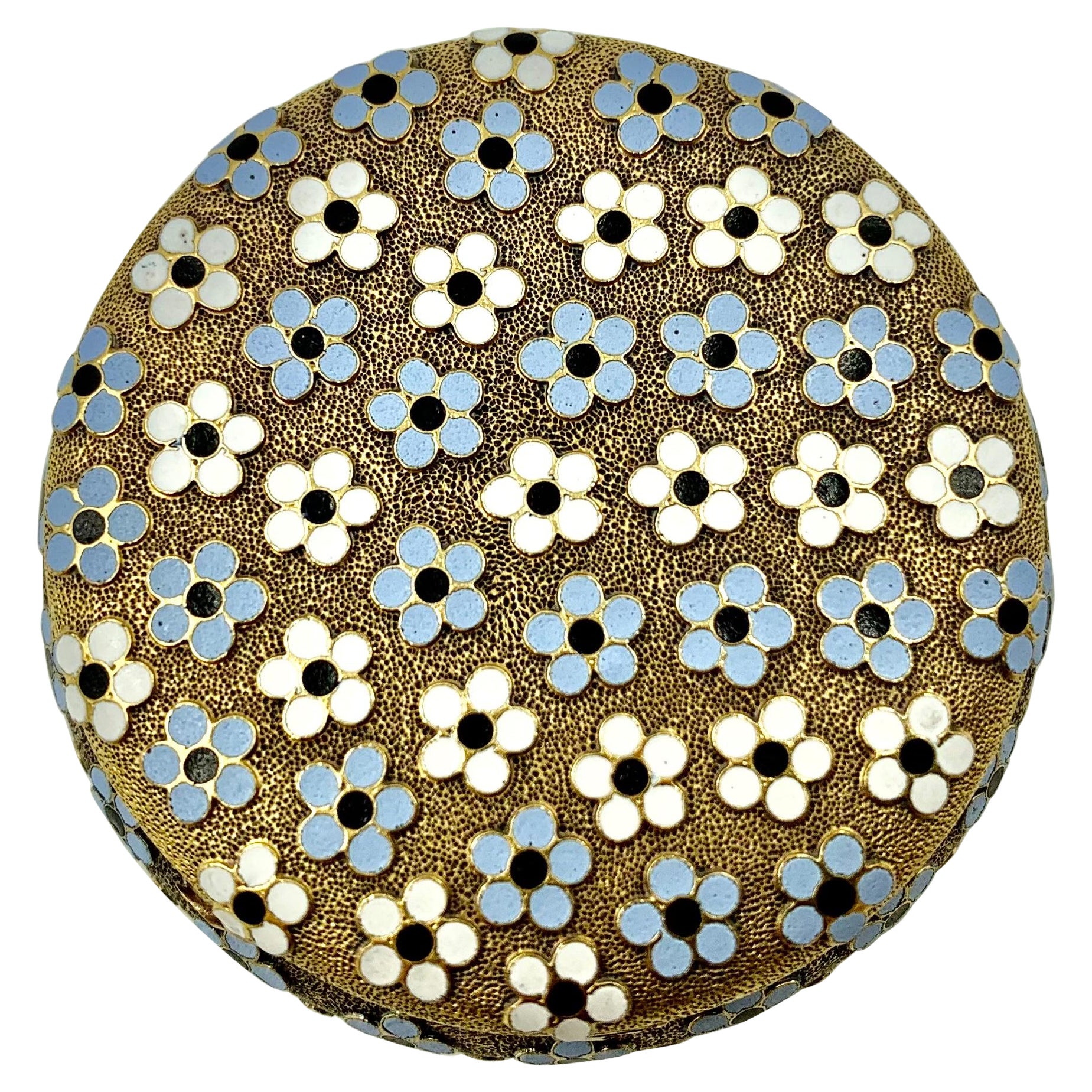 Antique 18K Yellow Gold Polychrome Enamel Forget Me Not Flowers Pill Box For Sale