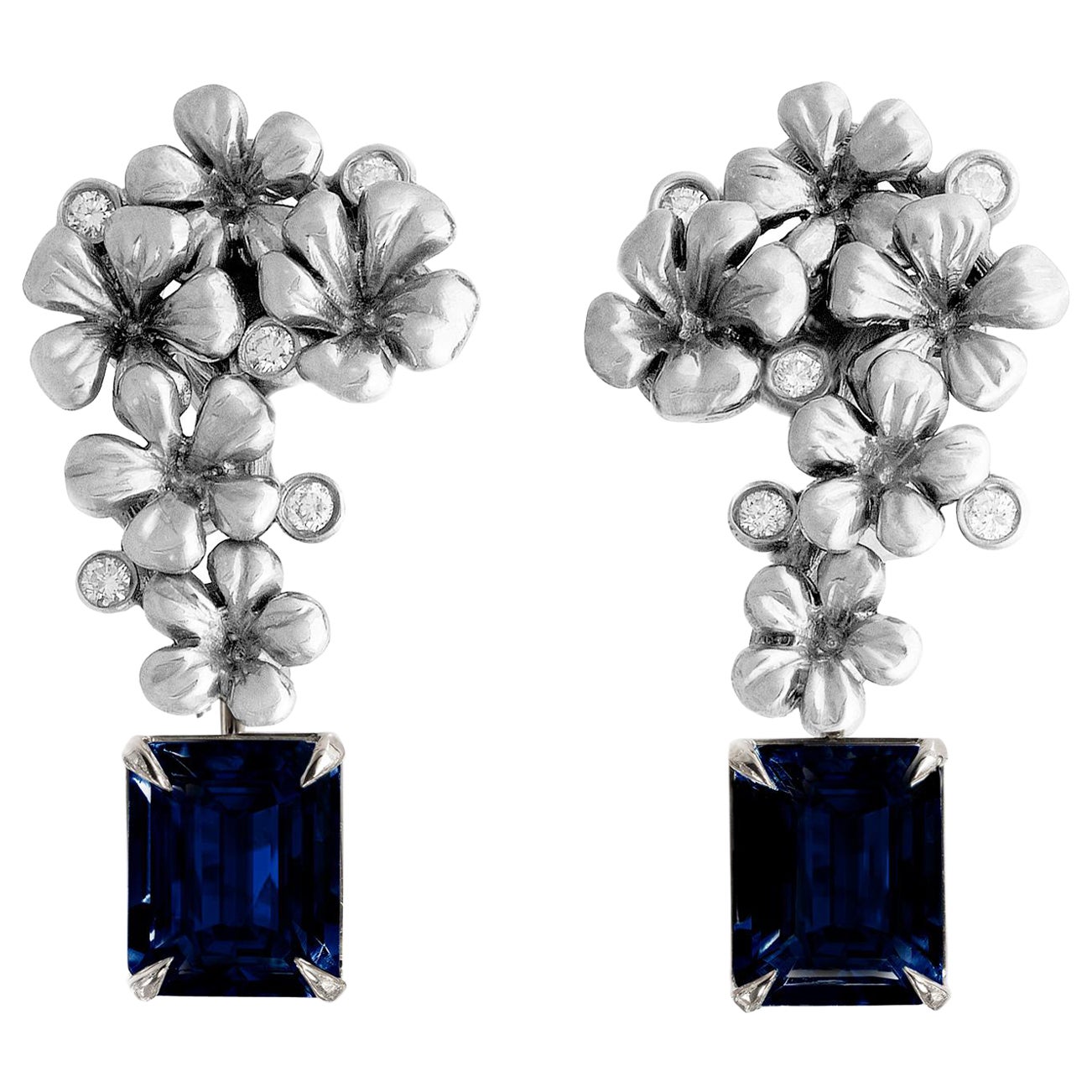 Eighteen Karat White Gold Clip-On Earrings with Natural Sapphires and Diamonds For Sale