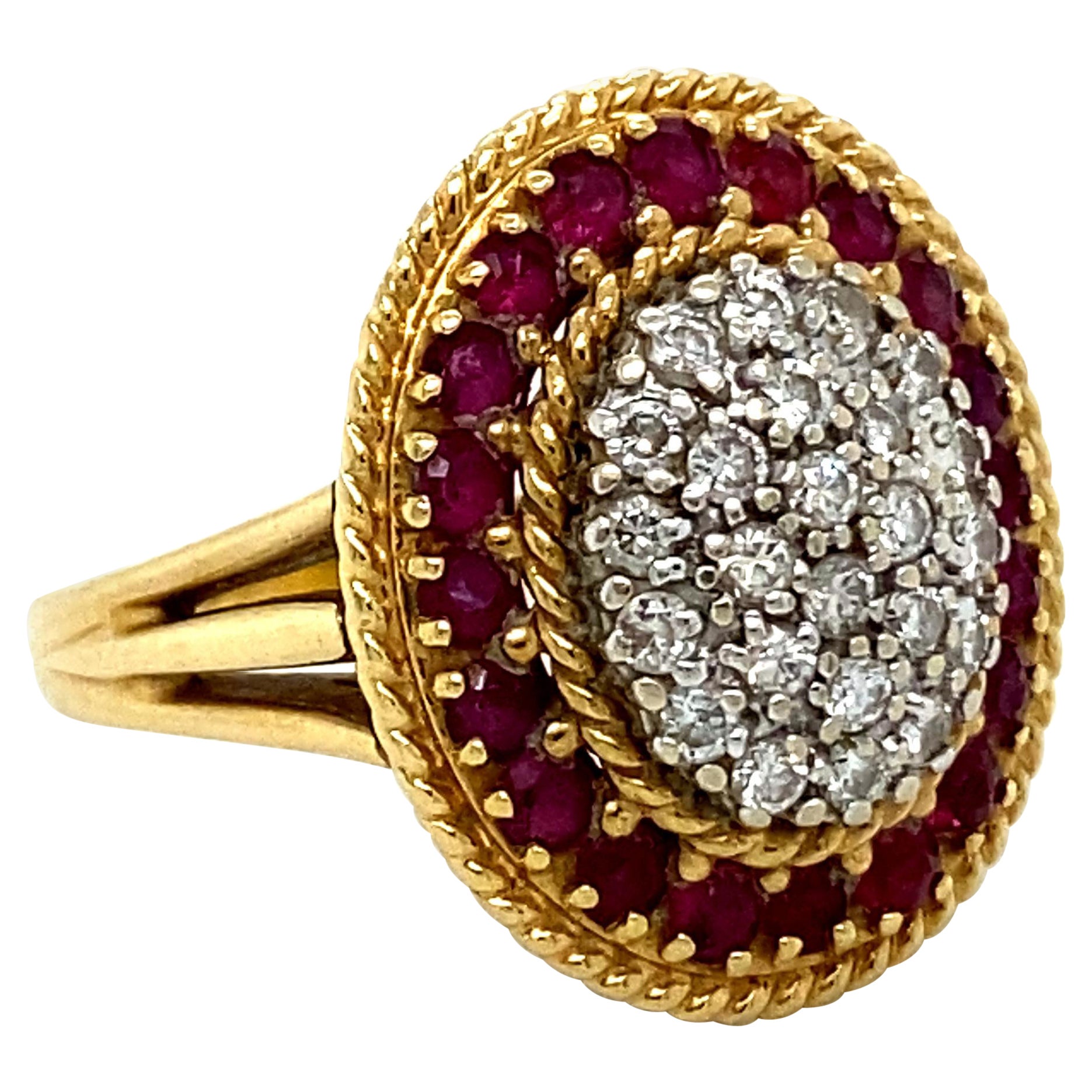 Vintage Diamond and Ruby Halo Ring Engagement Ring in 18K Yellow Gold, 1.72ct For Sale